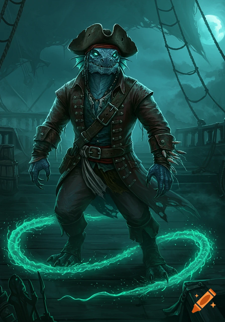 A blue-skinned reptilian pirate with glowing eyes and a tricorn hat stands on a dark ship deck with a glowing green trail around its feet. Fantasy art style.