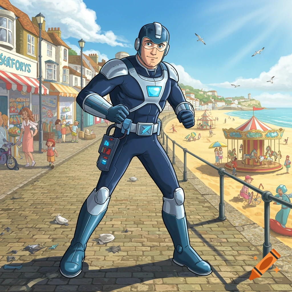 A cartoon superhero in a blue and silver suit stands on a brick promenade overlooking a sunny beach with a carousel and town.