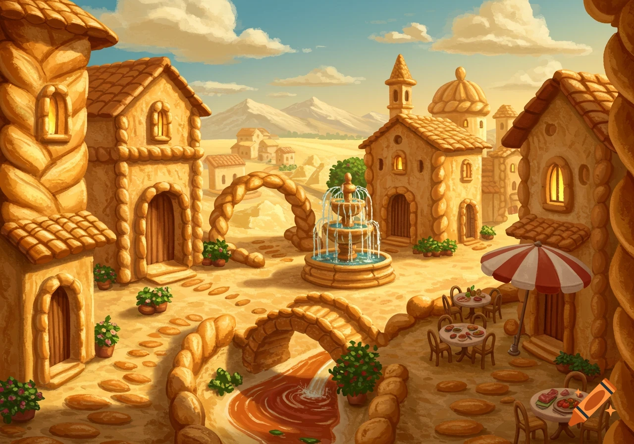 A whimsical village made entirely of various bread shapes, including houses, a fountain, and a bridge over a river, under a blue sky.