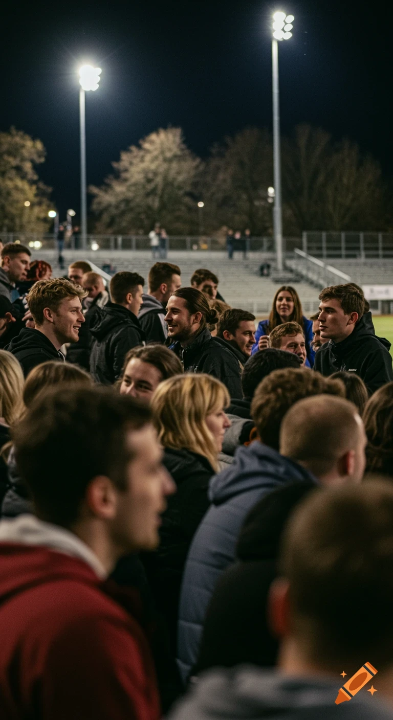 A night time candid snapshot of a diverse crowd of young adults smiling and talking at a brightly lit stadium.