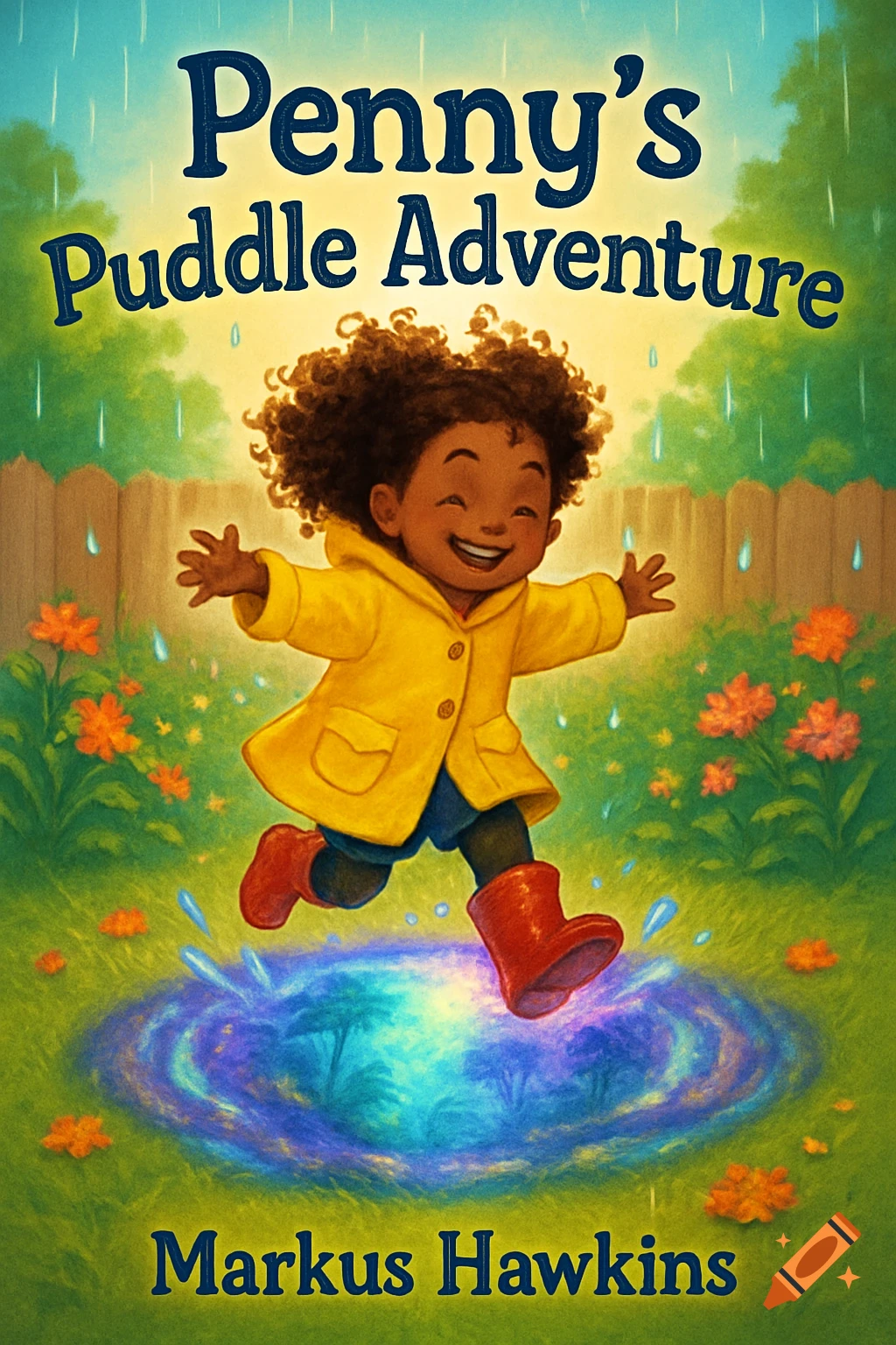 A happy little girl in a yellow raincoat and red boots jumps into a magical, glowing puddle on a brightly illustrated children's book cover.