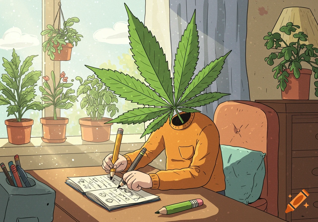 A cartoon person with a cannabis leaf head writes on a notepad at a desk with plants on the windowsill.