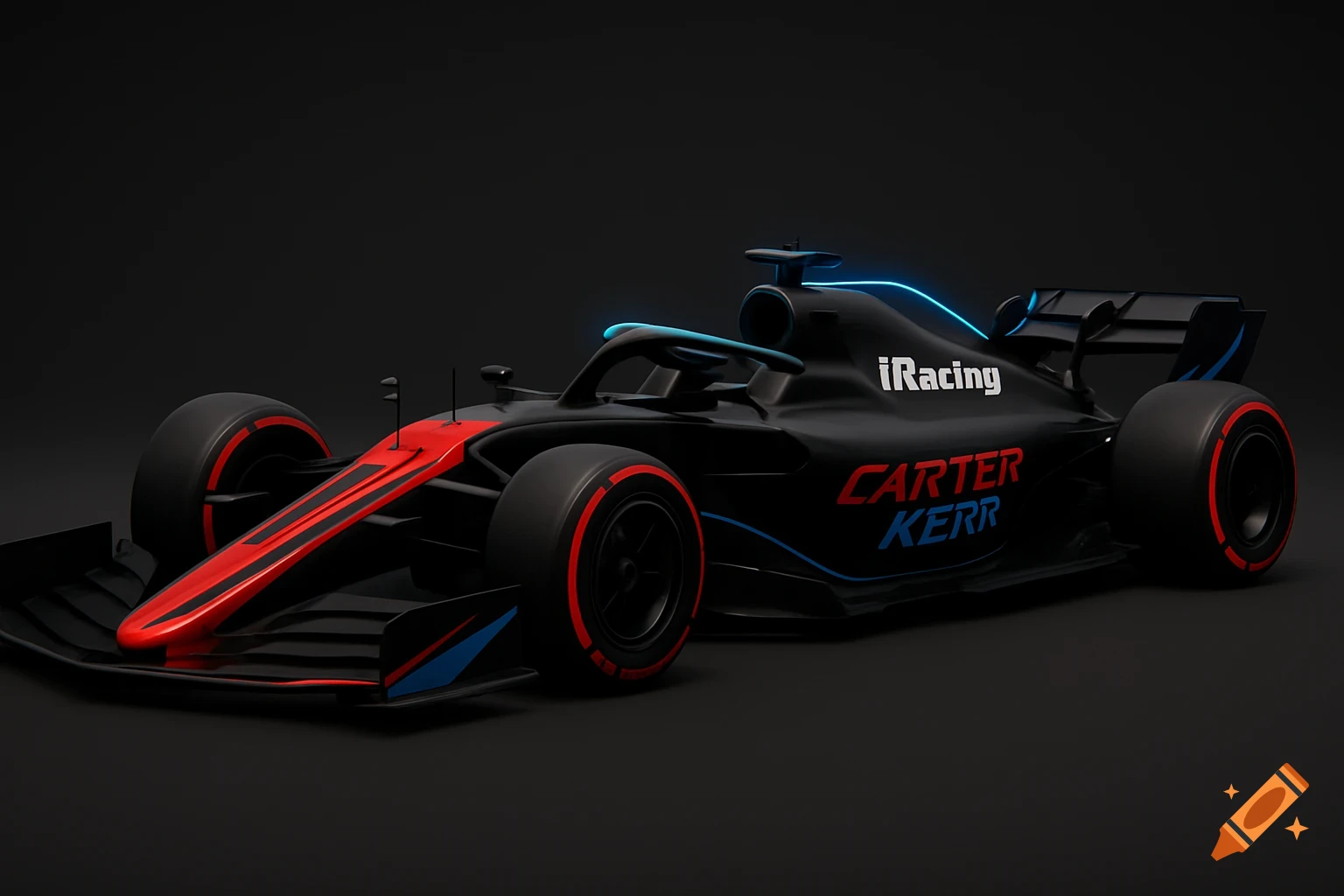 A sleek matte black Formula 1 car with bold red, blue, and white accents, featuring iRacing and Carter Kerr logos, and a blue glowing halo, on a dark background.