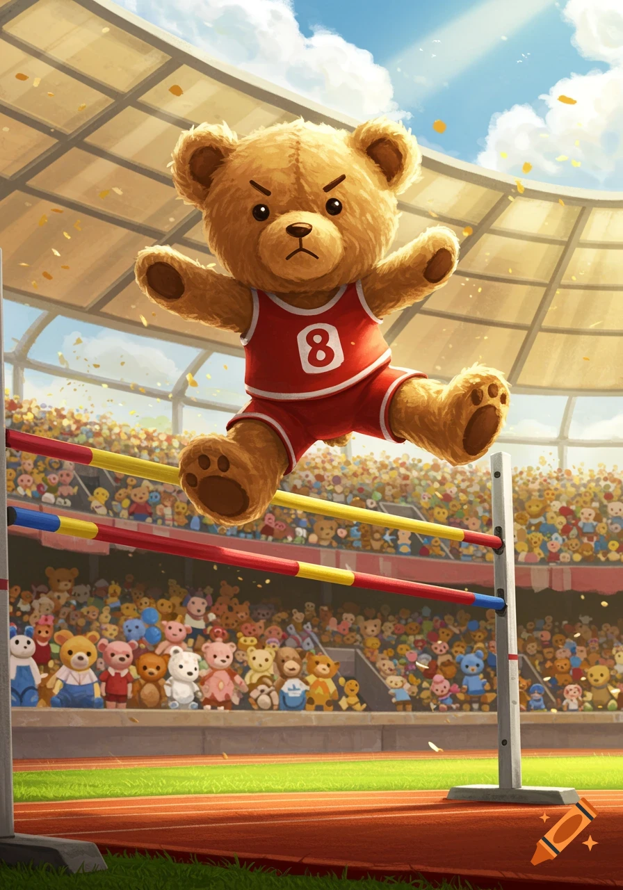 A cartoon teddy bear in a red jersey with the number 8 high-jumps over a bar in a stadium full of teddy bear spectators.