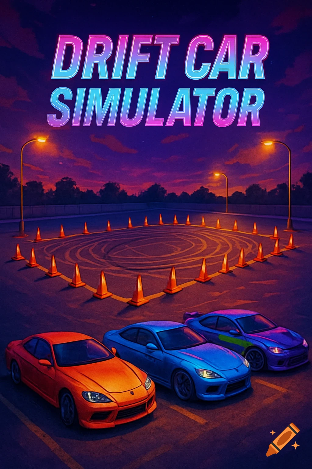 Three stylized sports cars in an illuminated parking lot with a circle of cones and tire marks, under a sunset sky, with 'DRIFT CAR SIMULATOR' text.