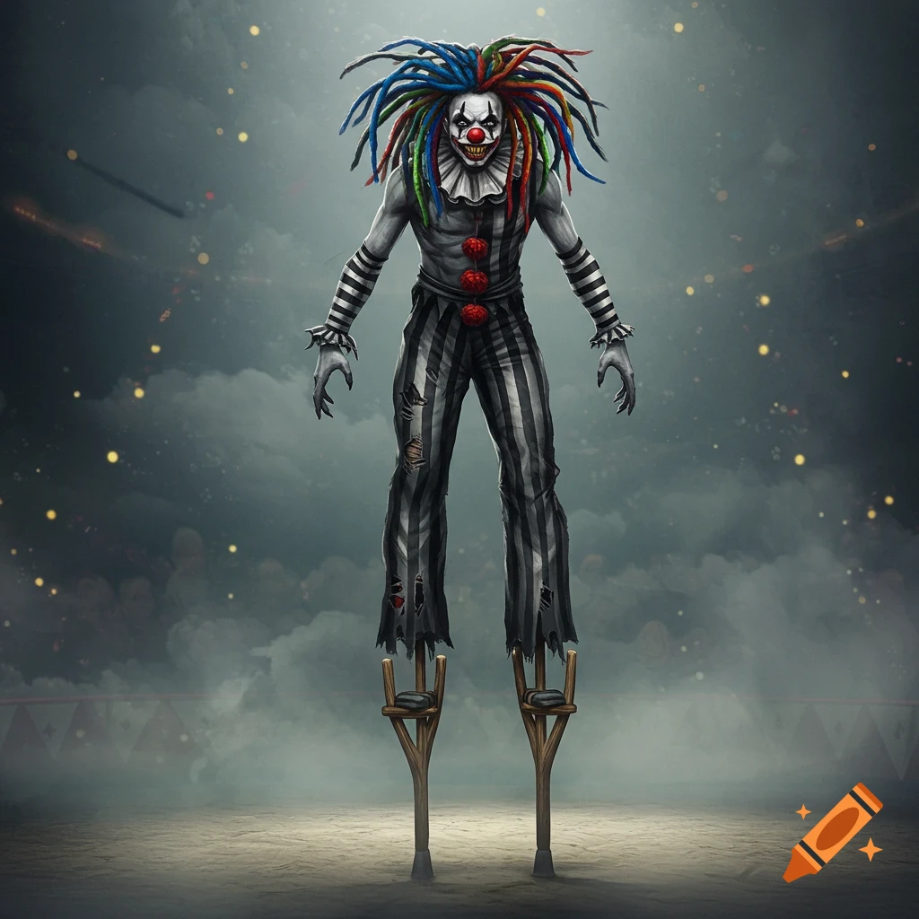 A creepy clown on stilts with colorful dreadlocks, black and white striped clothes, and sharp teeth in a circus tent.