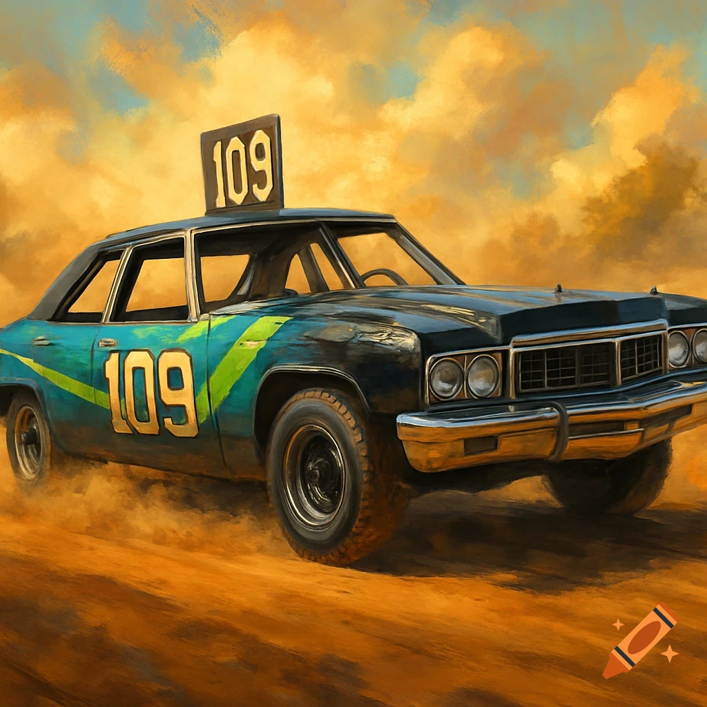 A painted image of a black and blue demolition derby car with a green stripe and the number 109, kicking up dust on a dirt track.