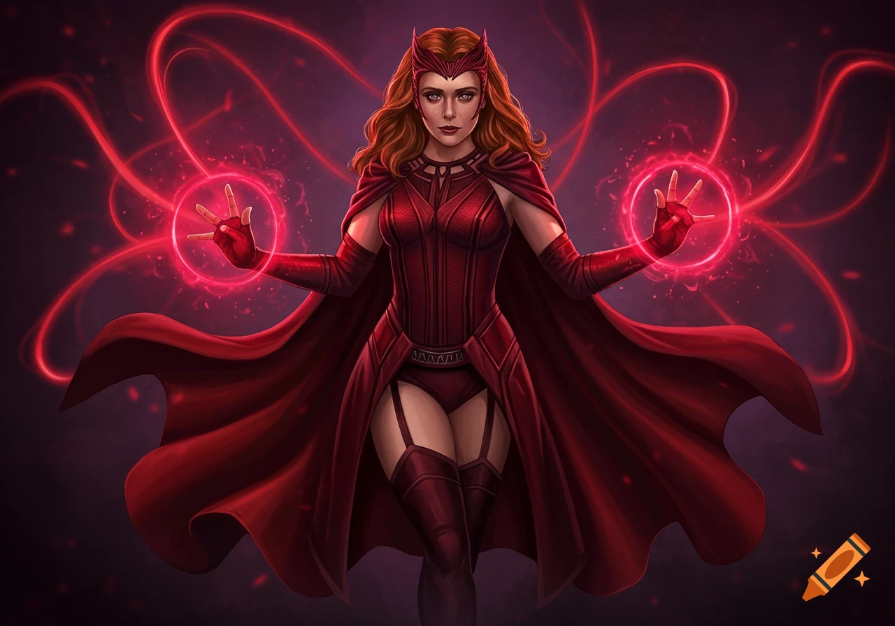 Illustration of Scarlet Witch in a red costume with a flowing cape, casting red energy from her hands.