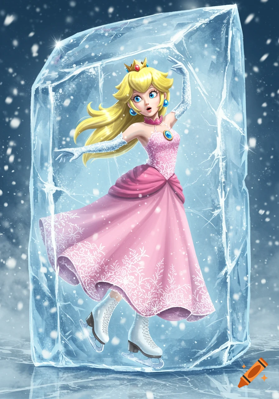 Princess Peach in a pink dress and ice skates, frozen inside a large block of ice with snow falling around her.