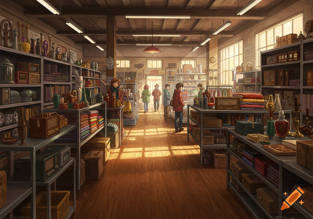 An illustrative scene inside a large liquidation store filled with shelves of various items, with customers browsing in warm sunlight.