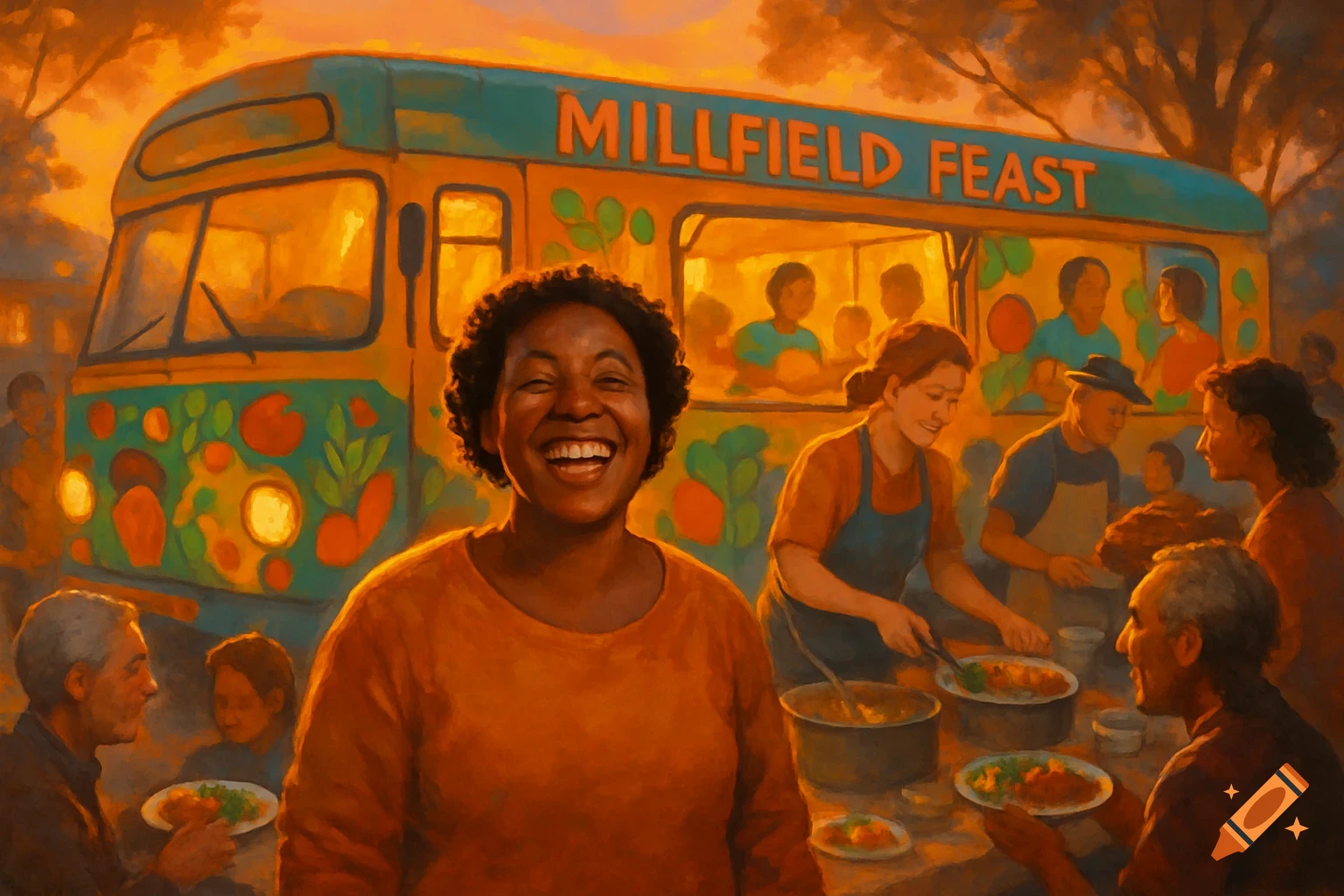 Cheerful woman smiles at a community food event with a 'Millfield Feast' bus, people serving and eating at sunset, painterly style.
