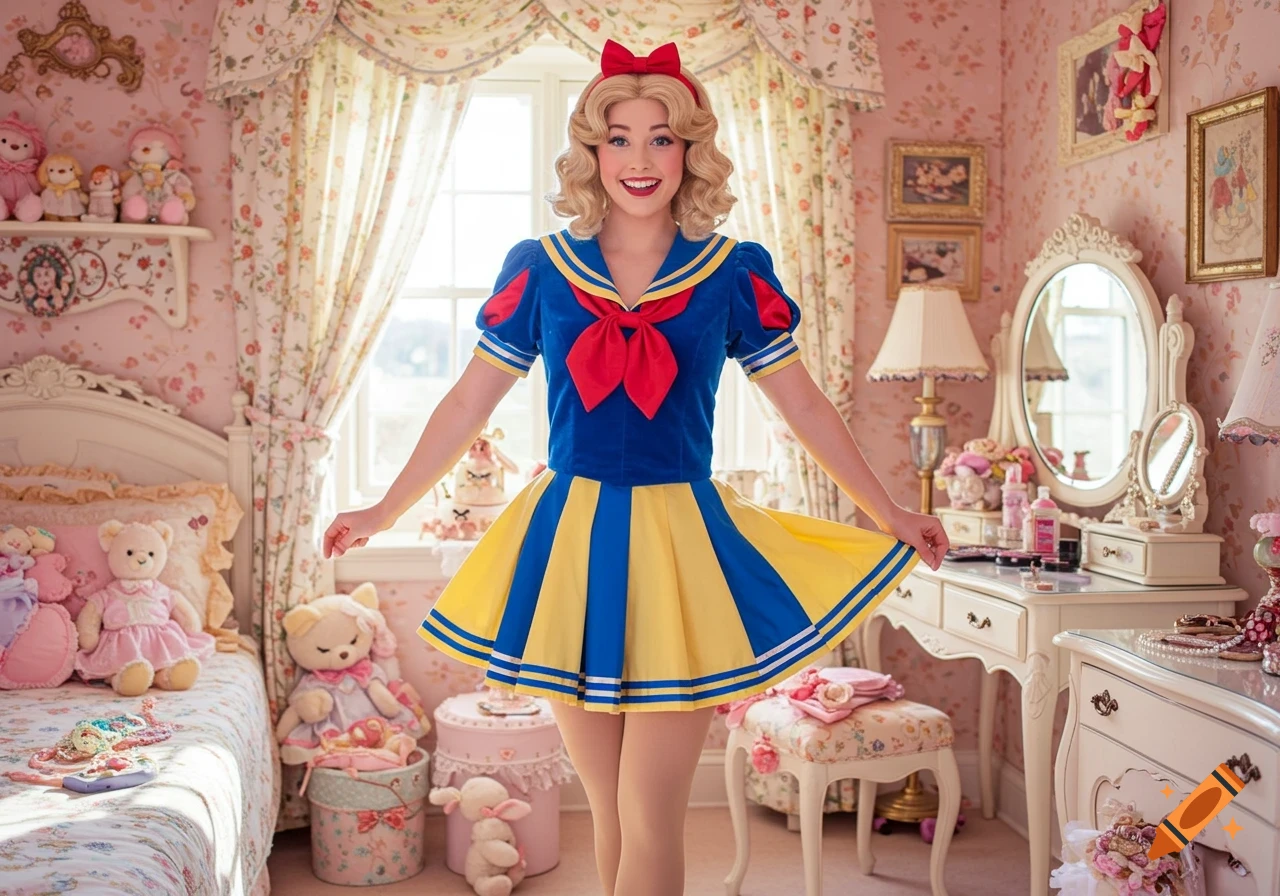 A smiling woman dressed as Snow White in a blue and yellow cheerleader outfit poses in a pink, frilly bedroom.