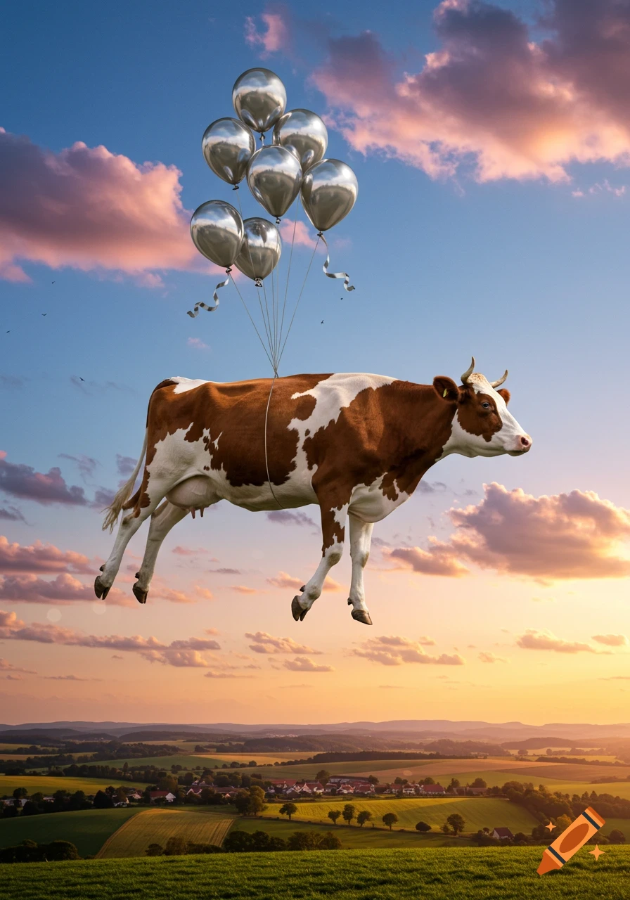 A photorealistic brown and white cow floats in a vibrant sunset sky, held aloft by silver balloons, above a green rural landscape.