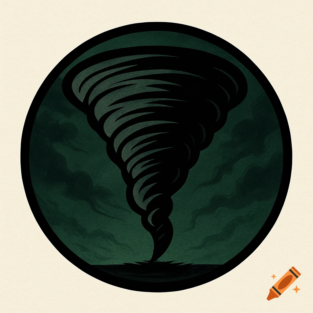 A stylized black tornado icon within a circular black border, set against an eerie dark green, cloudy background.