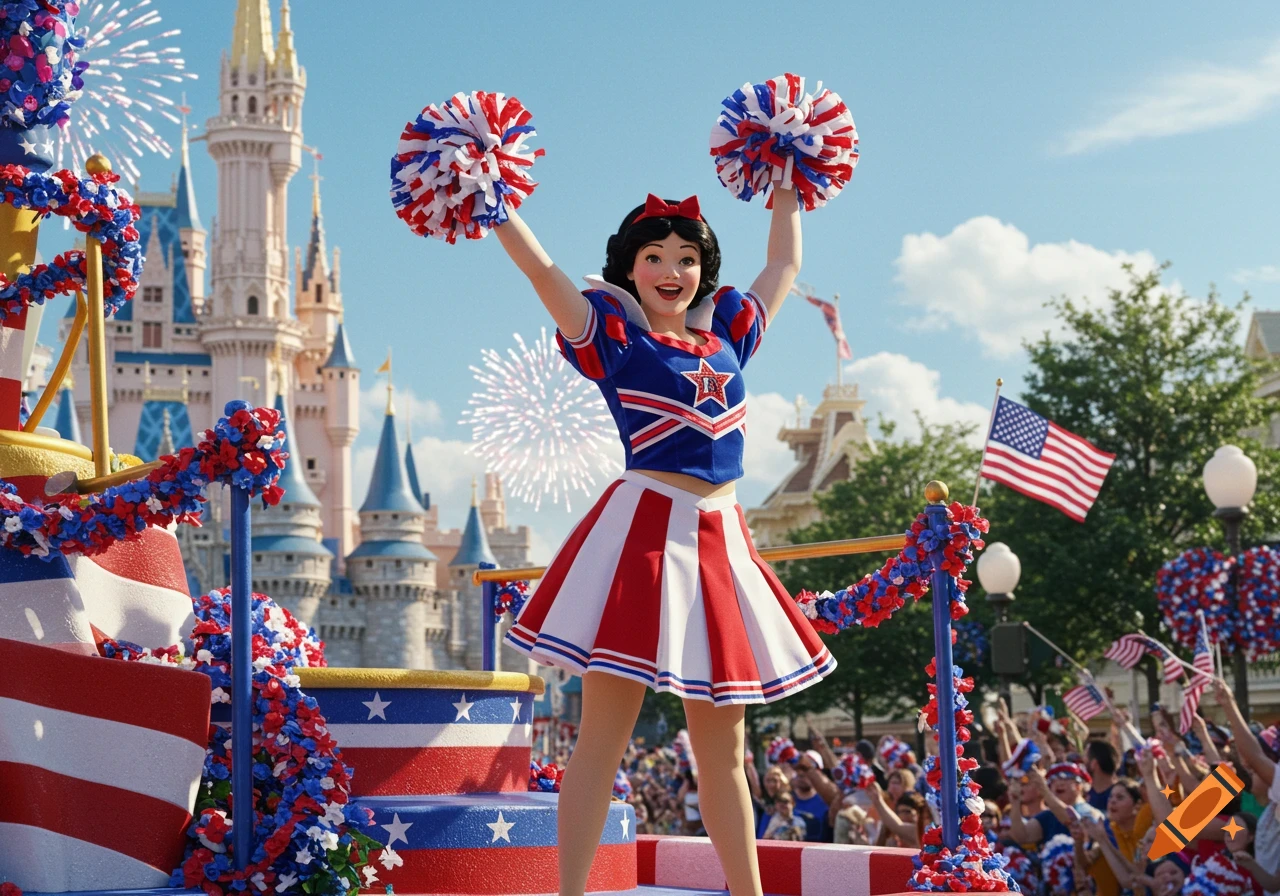 Photorealistic image of Snow White in a patriotic cheerleader outfit, cheering during a Fourth of July parade at Walt Disney World.