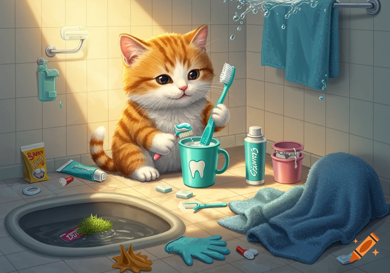 A cute orange and white kitten in a bathroom holds a toothbrush near a sink with spilled water, surrounded by toiletries.