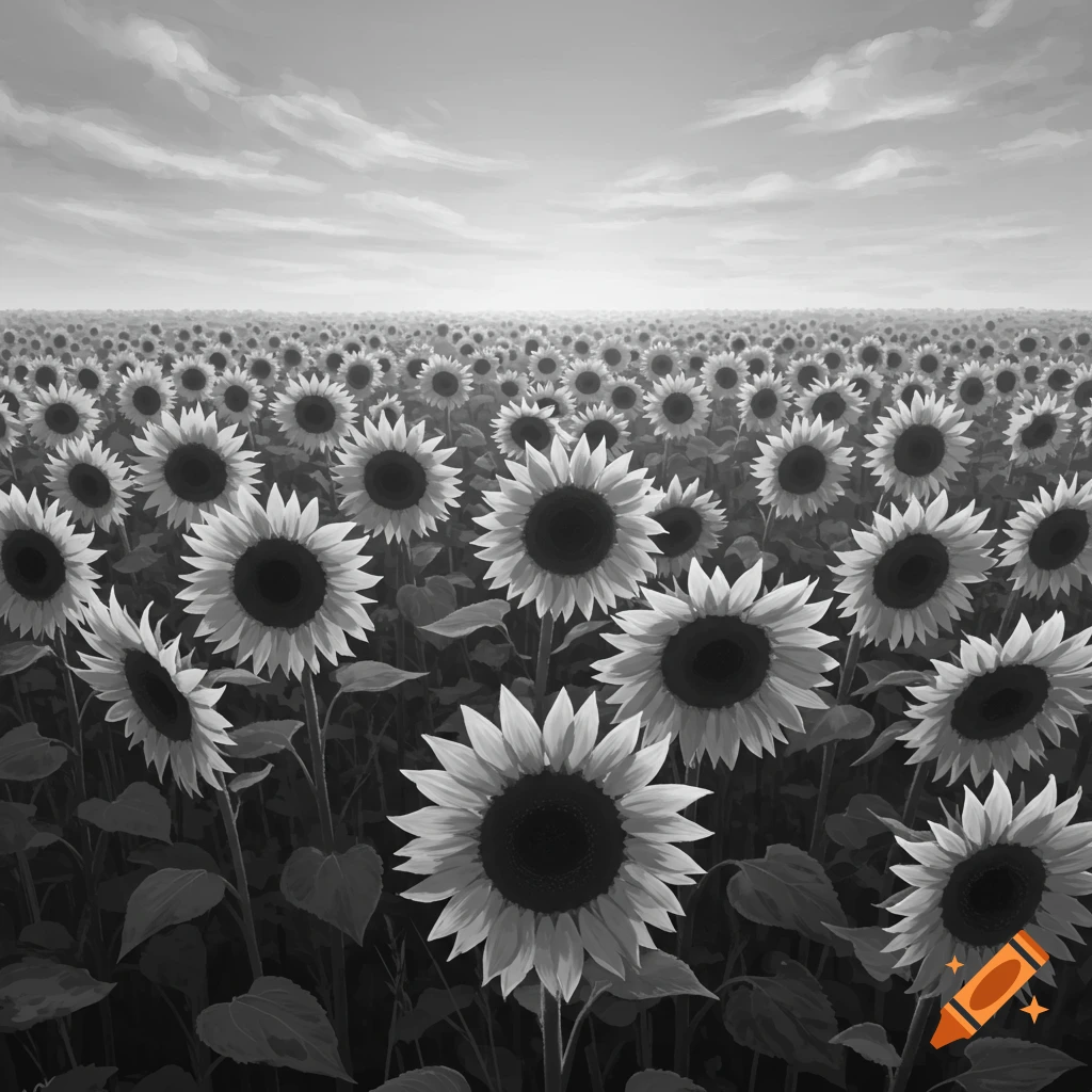 A black and white image of a vast field of sunflowers under a cloudy sky.
