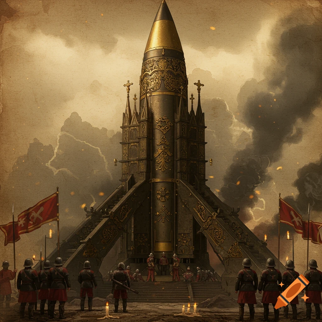 A stylized, medieval-gothic rocket launch pad with ornate golden details, surrounded by soldiers in red and black uniforms under a stormy sky.