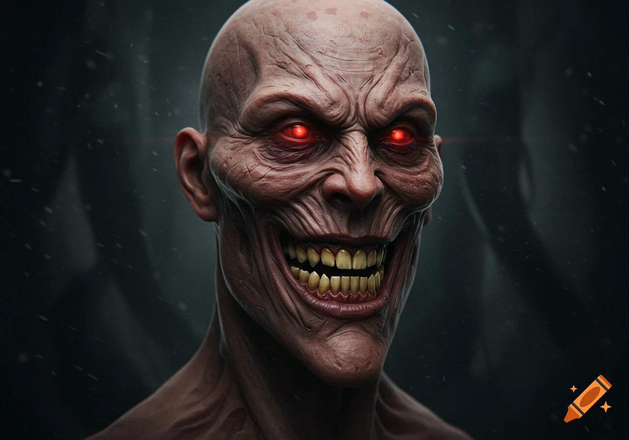 A close-up of a bald, menacing creature with red glowing eyes and a wide, sinister smile revealing yellowish teeth, against a dark, textured background.