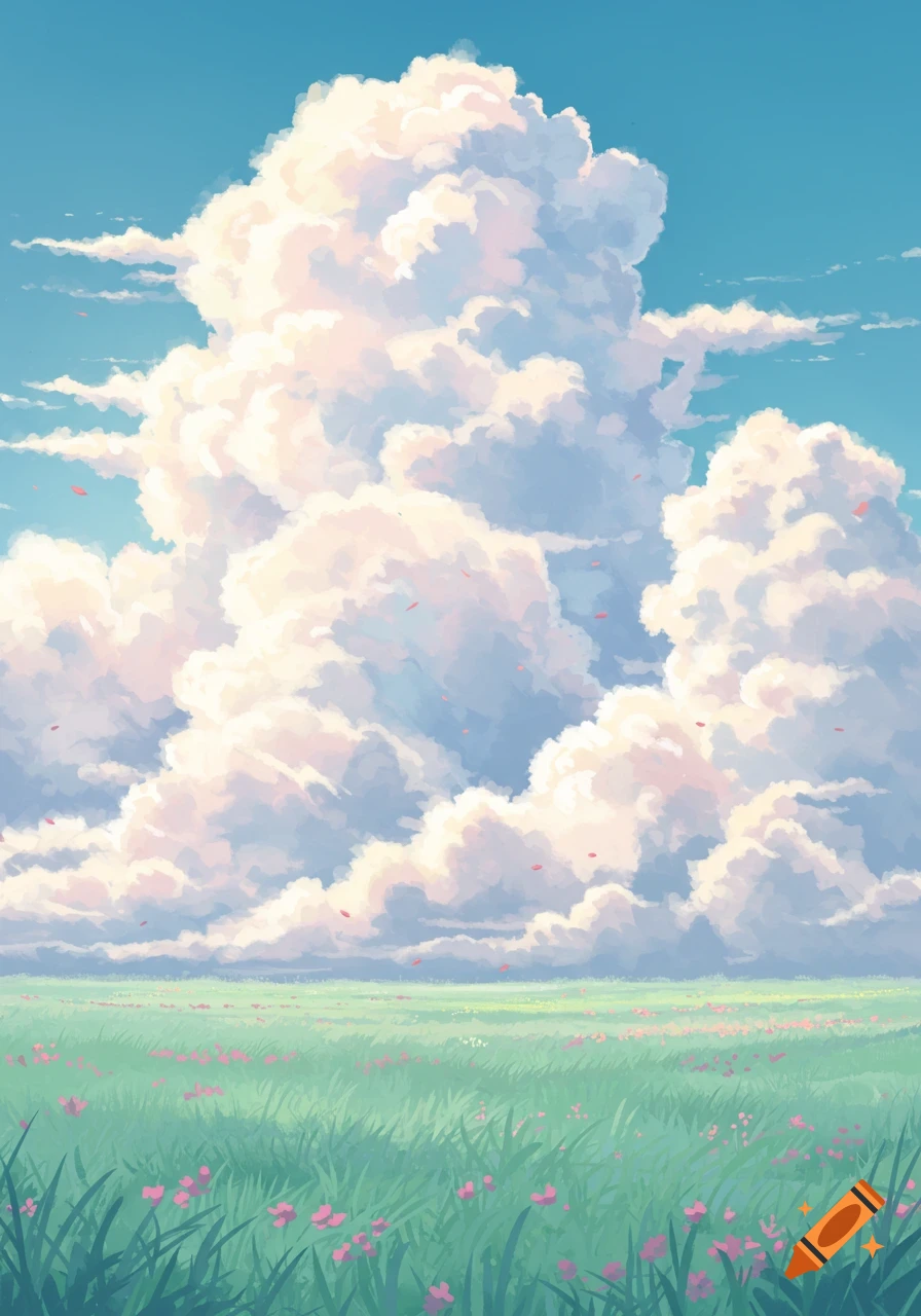 An anime-style landscape with large fluffy white clouds in a blue sky over a green field with pink flowers.