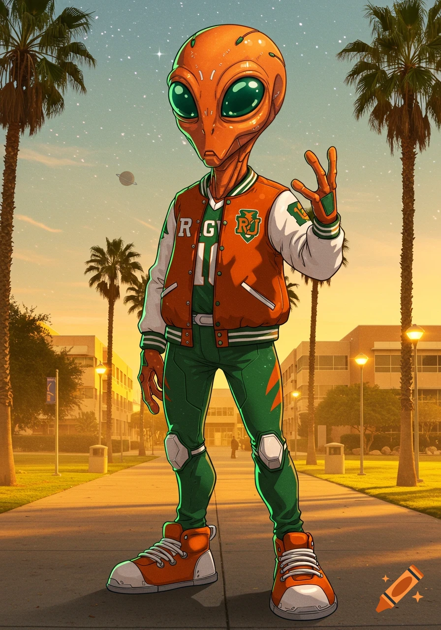 An orange cartoon alien wearing an orange and green letterman jacket stands on a sunny university campus path.