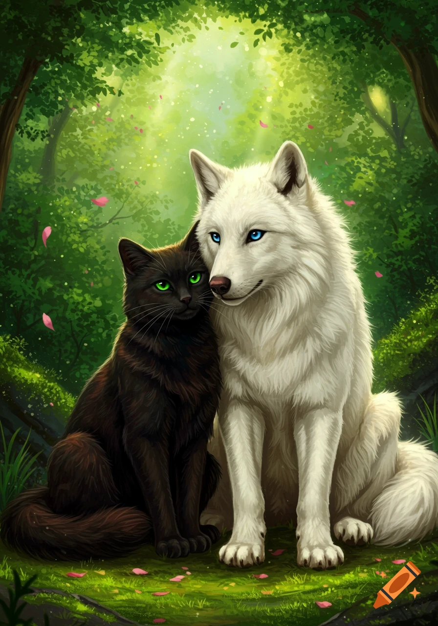 A black cat and a white wolf with glowing eyes sit affectionately in a lush green forest with sunlight and falling pink petals, digital art.