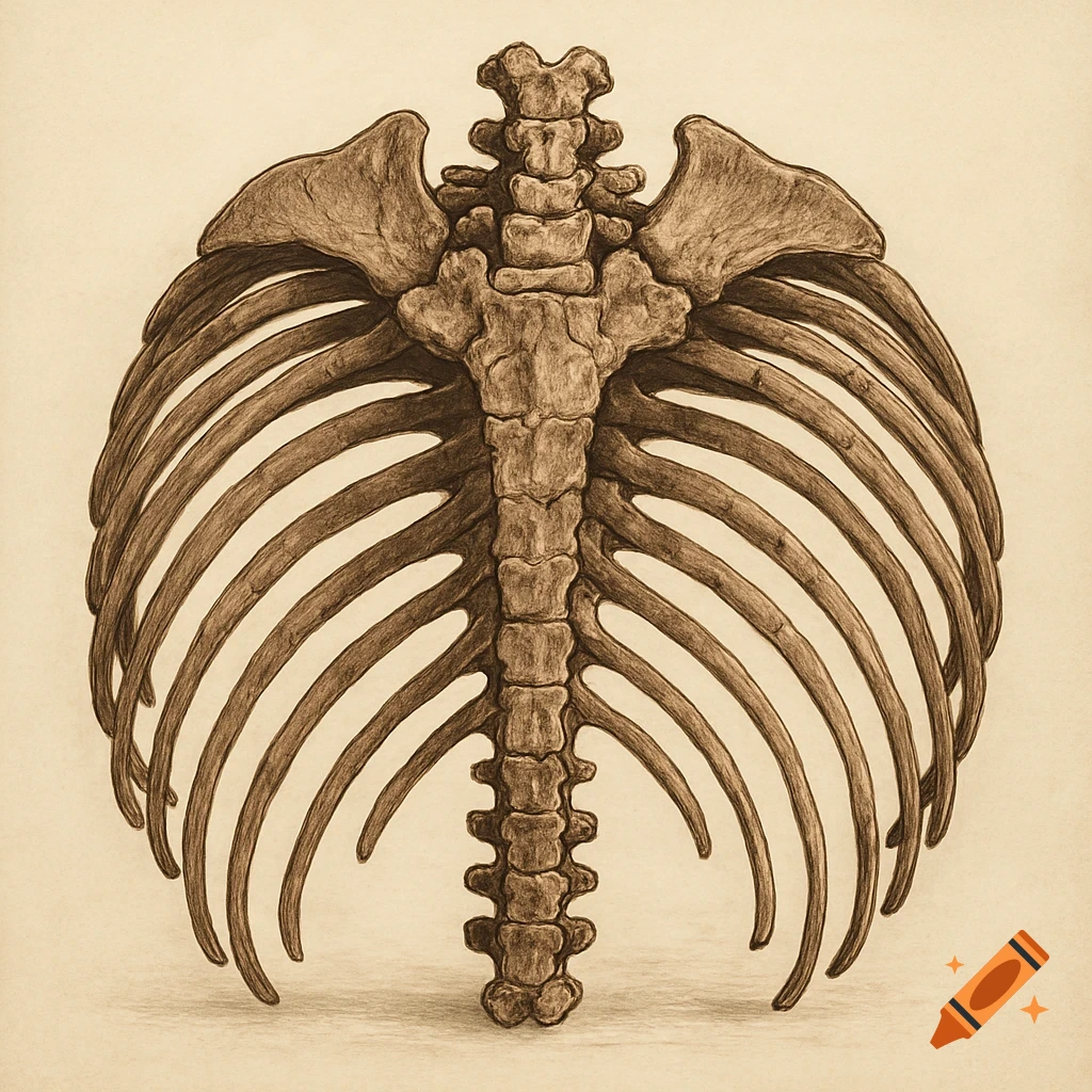 A fossilized ribcage, depicted in intricate line art with sepia tones, botanical illustration style.