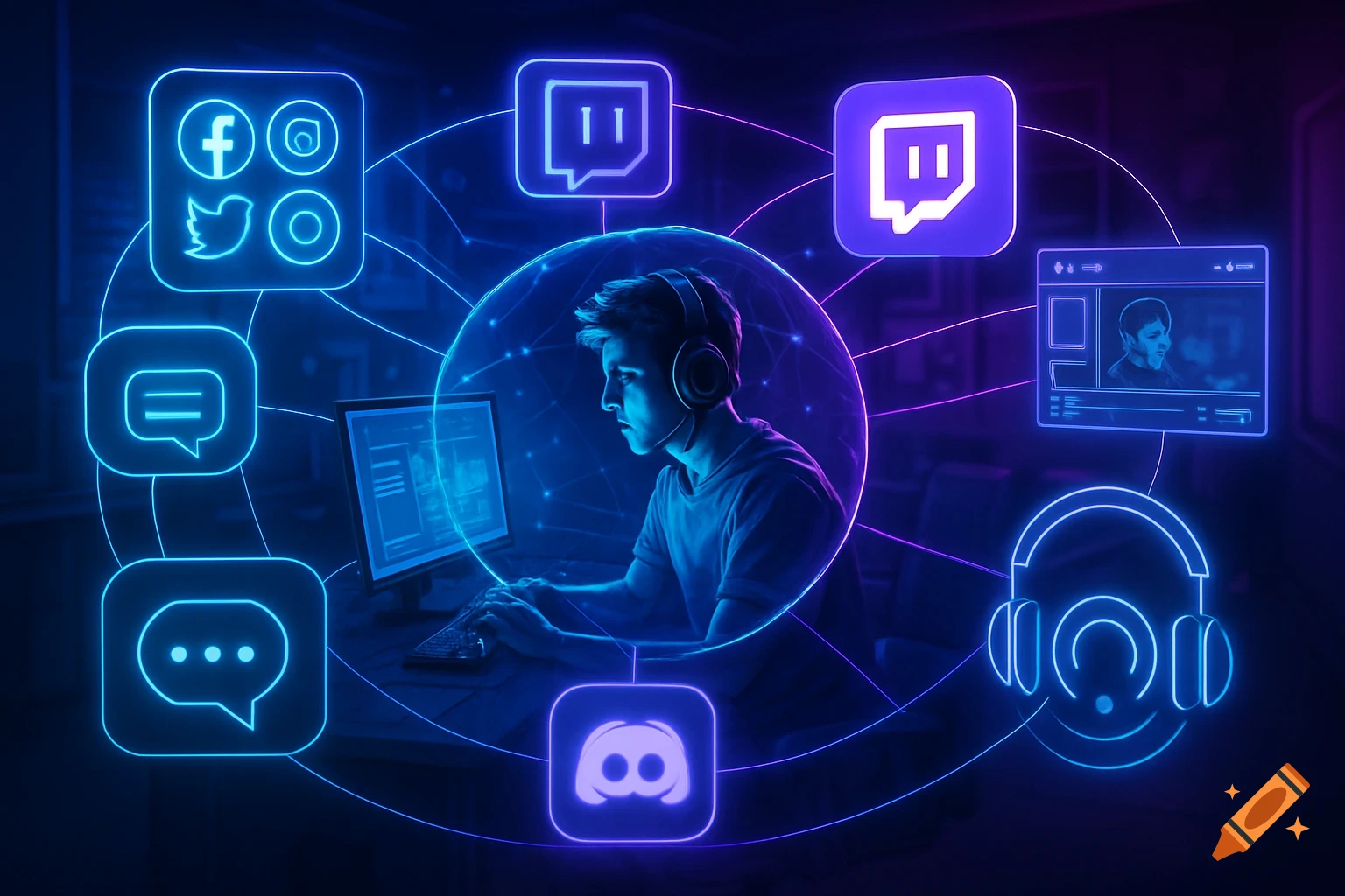 A young male gamer wearing headphones at a computer, surrounded by glowing neon social media and gaming platform icons connected by lines, in a blue and purple color scheme.