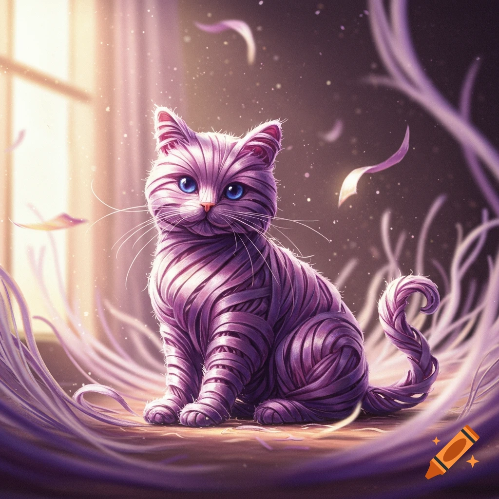 A vibrant purple cat made of woven ribbons sits surrounded by more ribbons and light, with bright blue eyes.