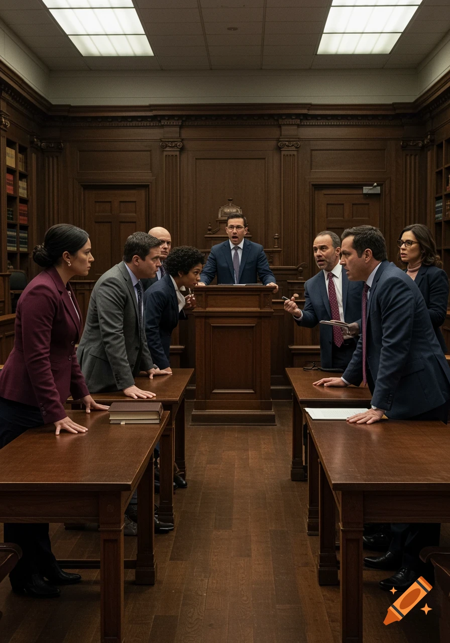 Photorealistic image of several people in a traditional wood-paneled courtroom, engaged in a heated argument with expressive faces.