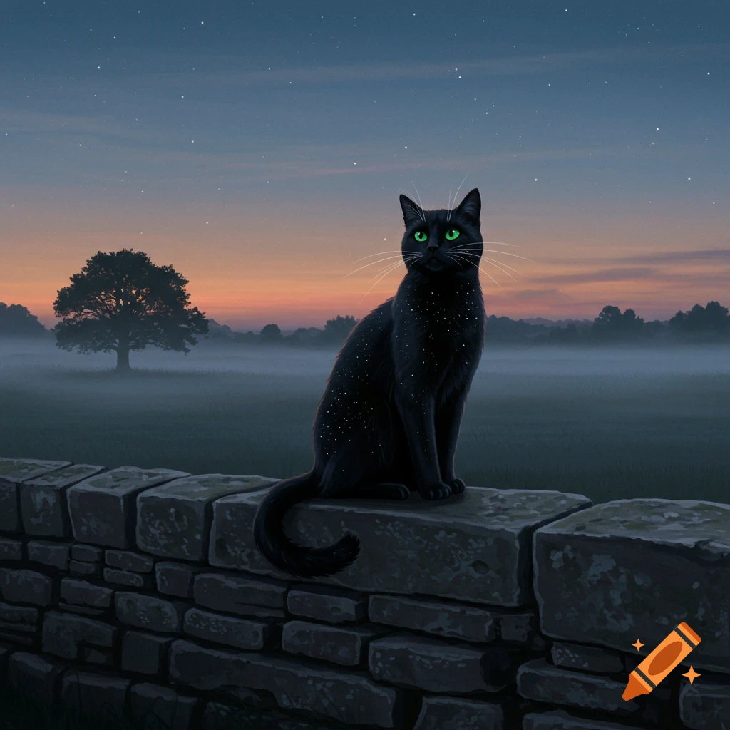 A black cat with starry fur and green eyes sits on a stone wall at twilight, with a misty field and tree in the background.