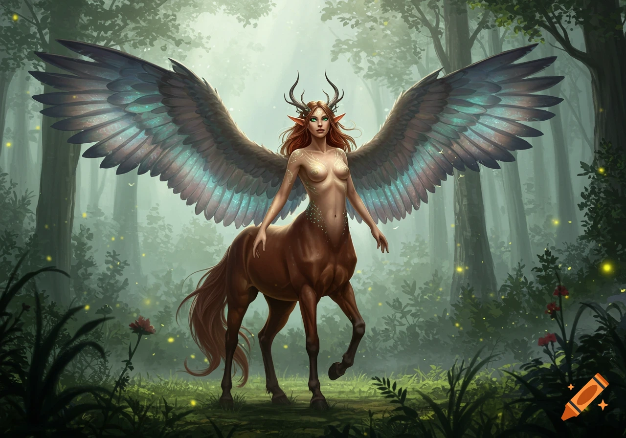 A winged female centaur with horns and long red hair stands in a magical forest, surrounded by fireflies.