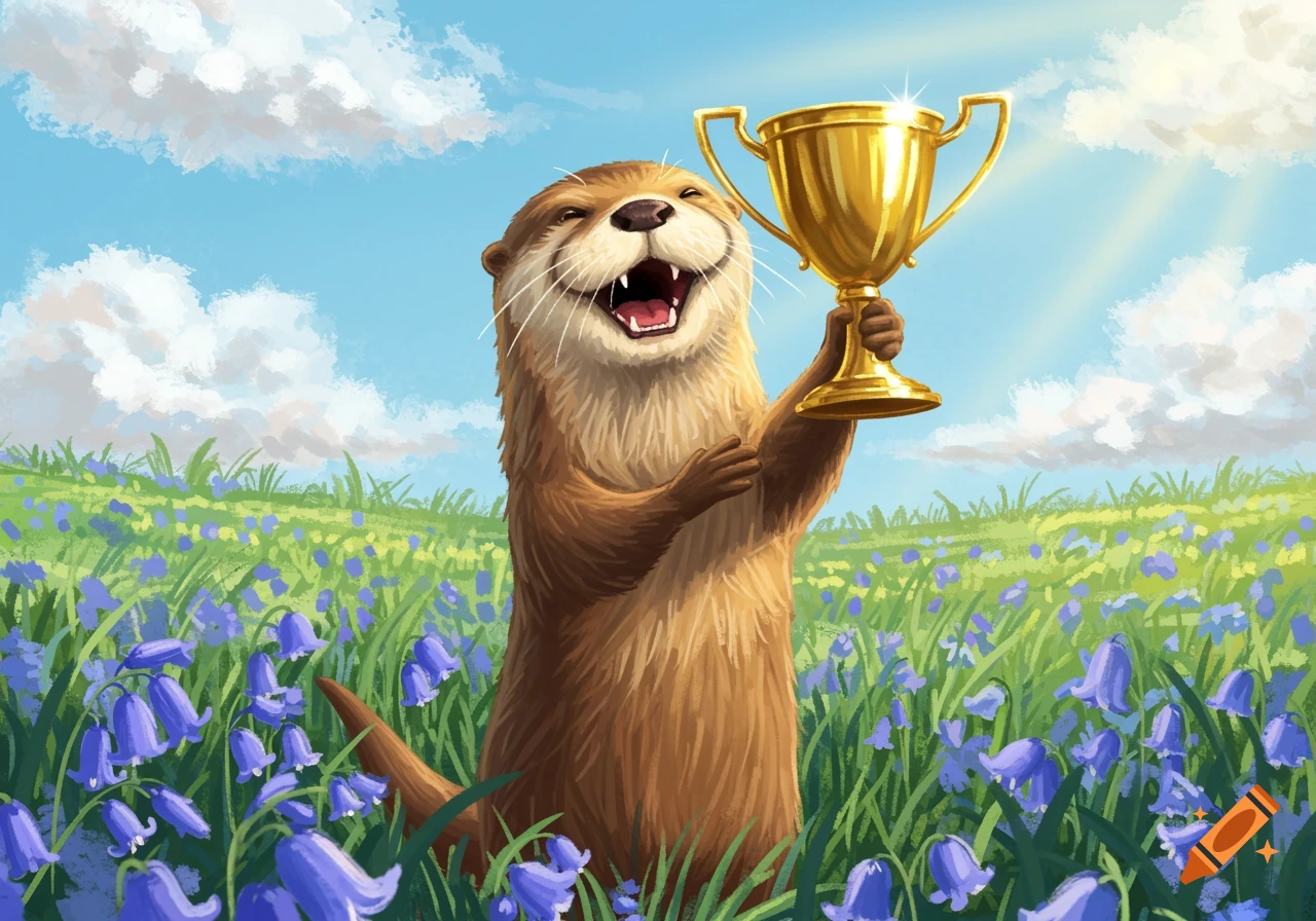A happy cartoon otter stands in a field of bluebells, holding a golden trophy up high.