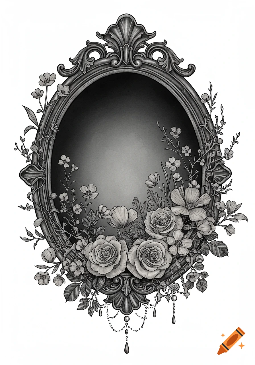 A black and white illustration of an ornate oval frame surrounded by detailed flowers, vines, and beaded accents in a gothic, whimsical style.