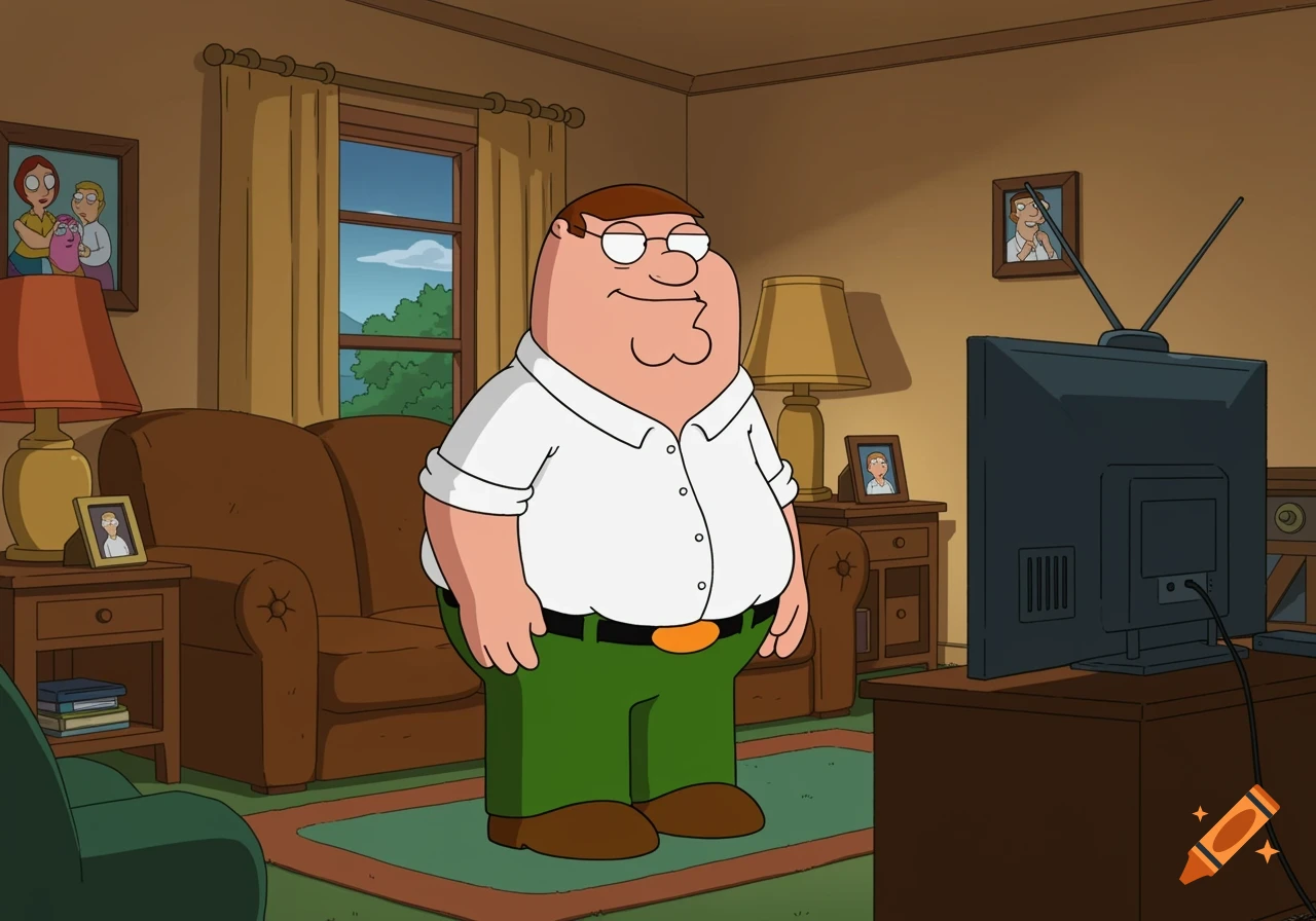 Peter Griffin stands in a living room with a brown couch and television in an animated cartoon style.