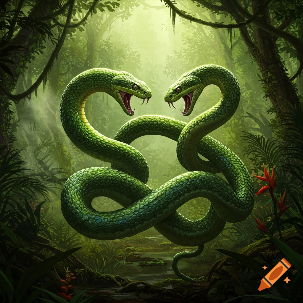 Two green snakes with open mouths coiled together in a lush, sunlit jungle.