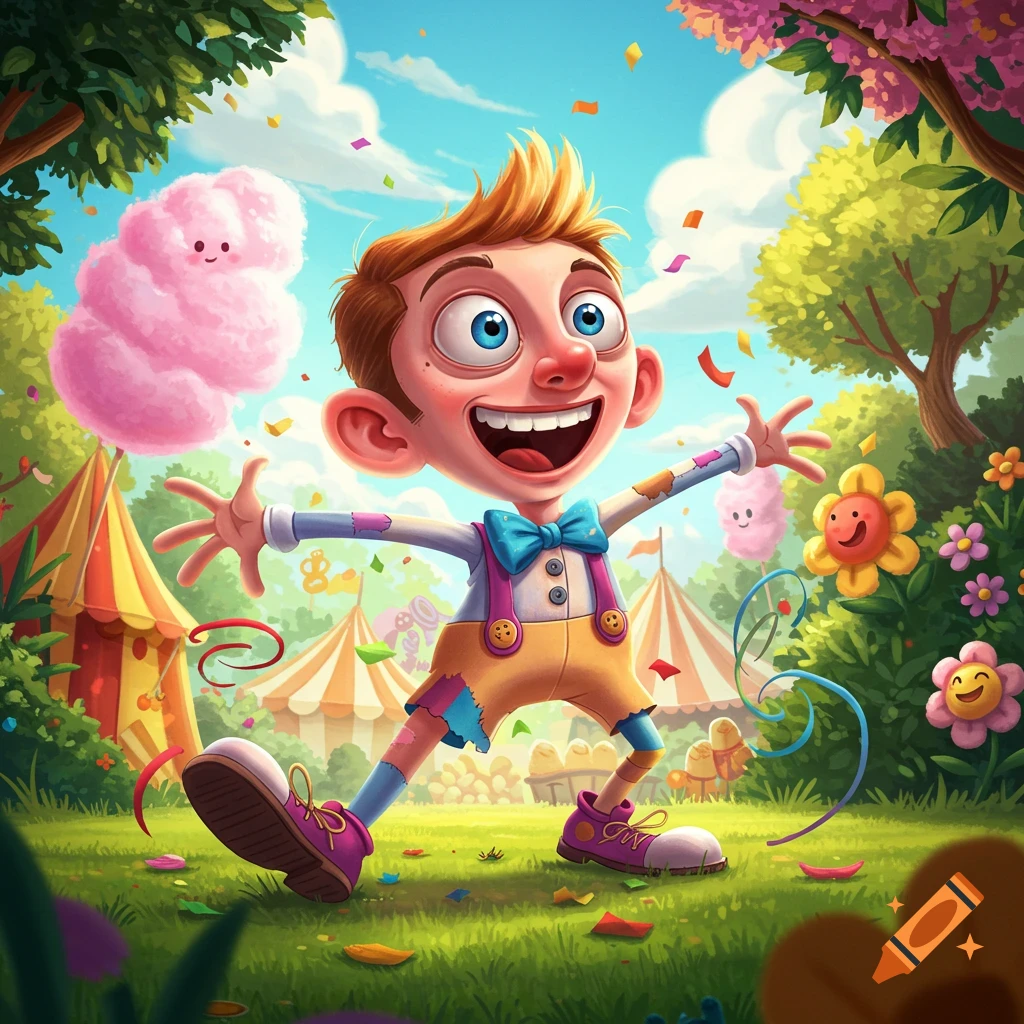 Cartoon boy with a wide grin, arms outstretched, at a colorful carnival with tents, trees, and flying confetti.