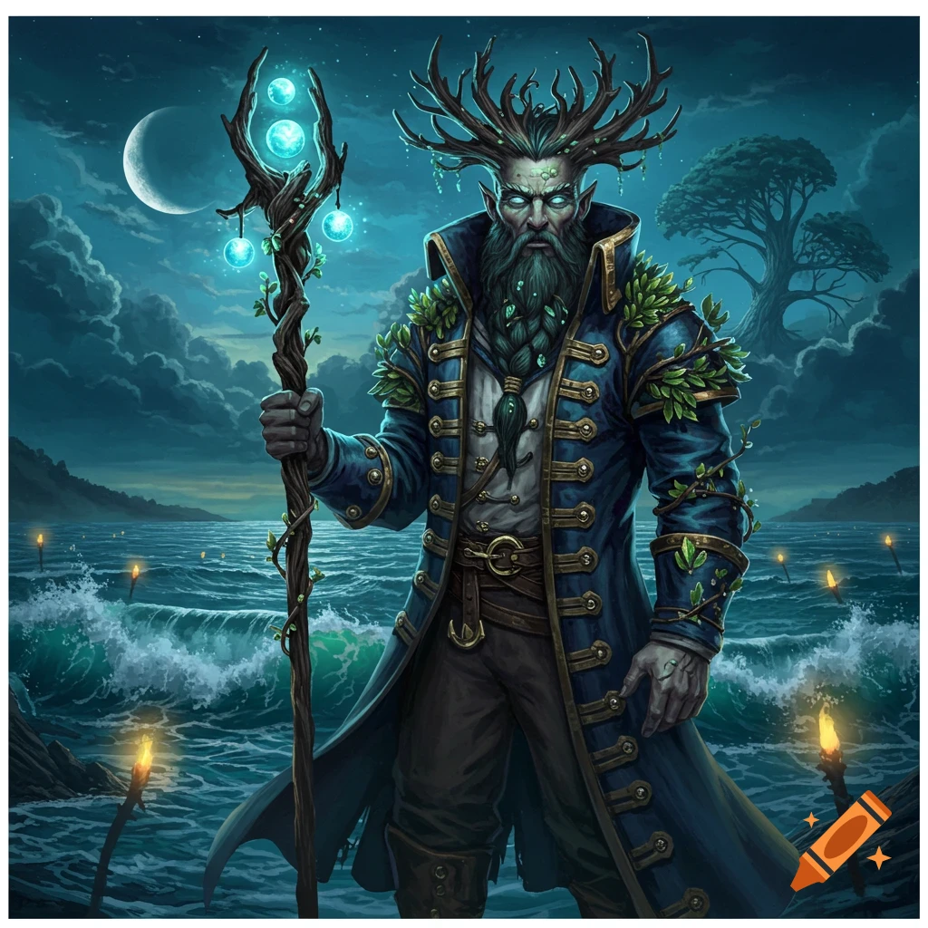 A detailed digital painting of a druidic man with antlers and glowing eyes, holding a glowing staff by a stormy, moonlit sea.