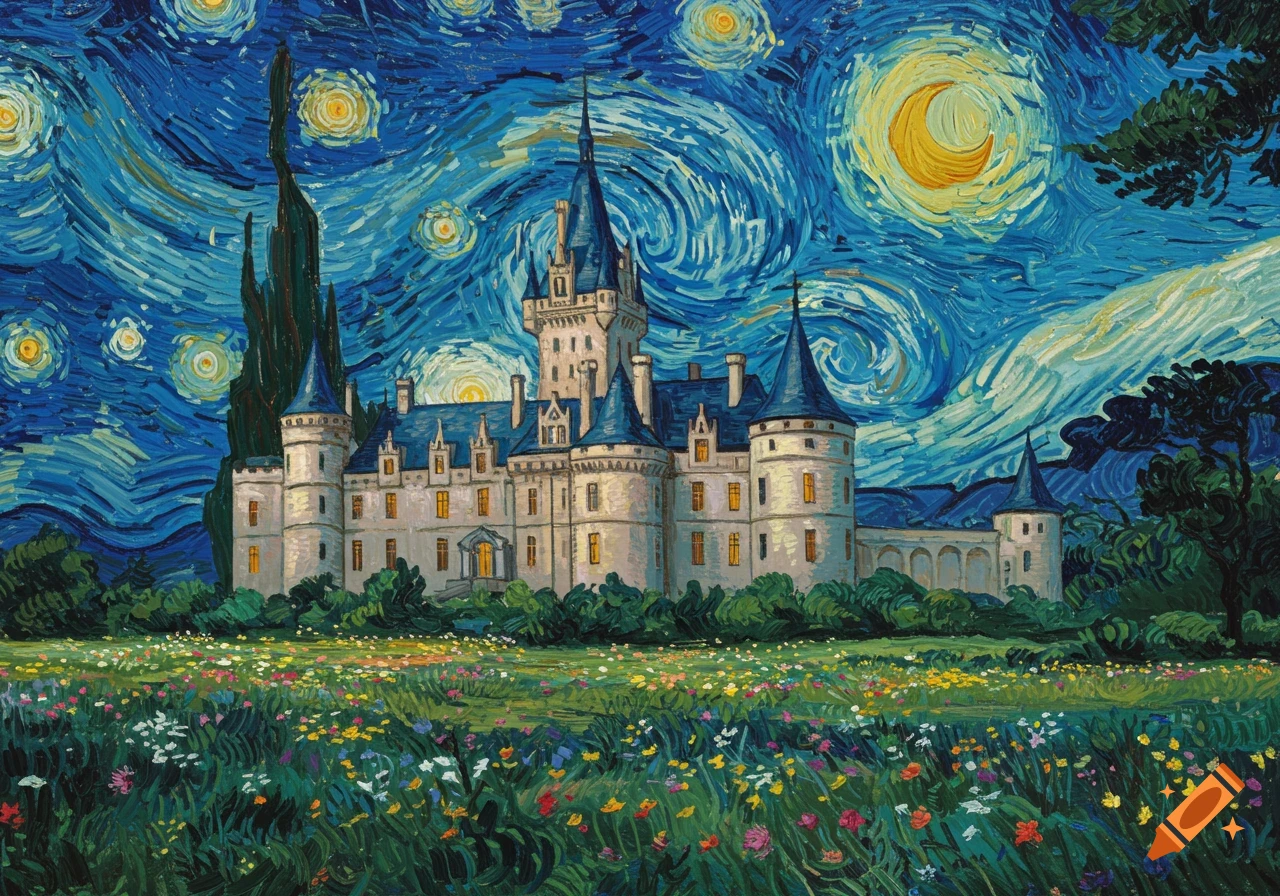 A majestic castle stands in a field of wildflowers under a vibrant, swirling starry night sky, in the style of Van Gogh.