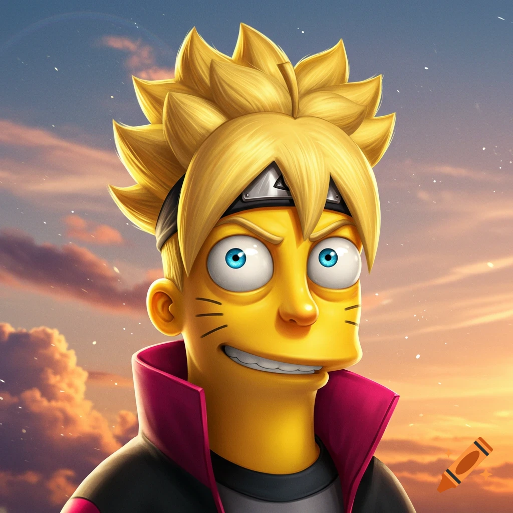 Close-up of a cartoon character with yellow skin and spiky blond hair, a fusion of Bart Simpson and Boruto, wearing a headband and jacket, against a sunset sky.