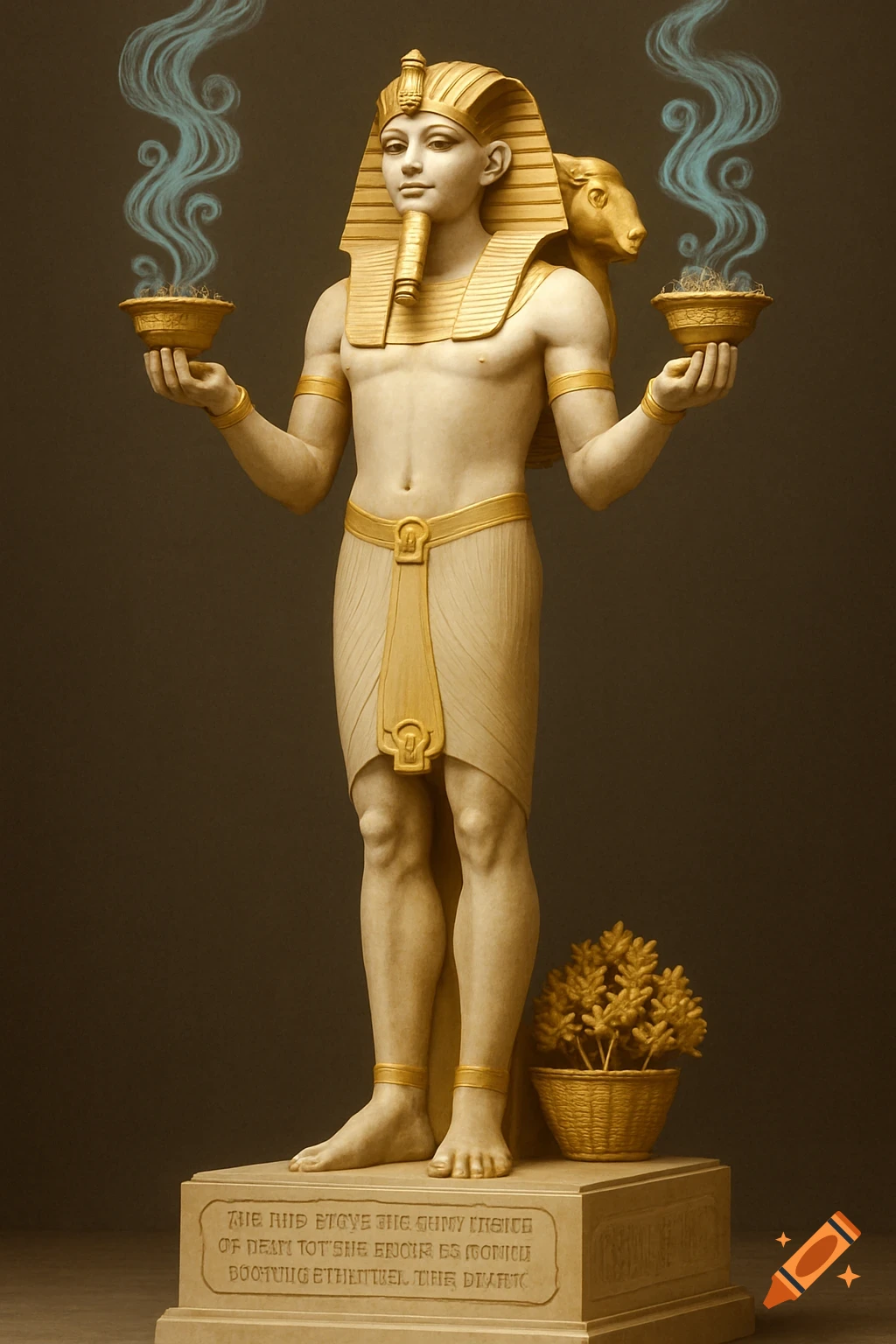 A full-body statue of Hatshepsut, wearing pharaoh attire, holding incense burners with blue smoke, with a ram's head behind her and a basket of plants at her feet.