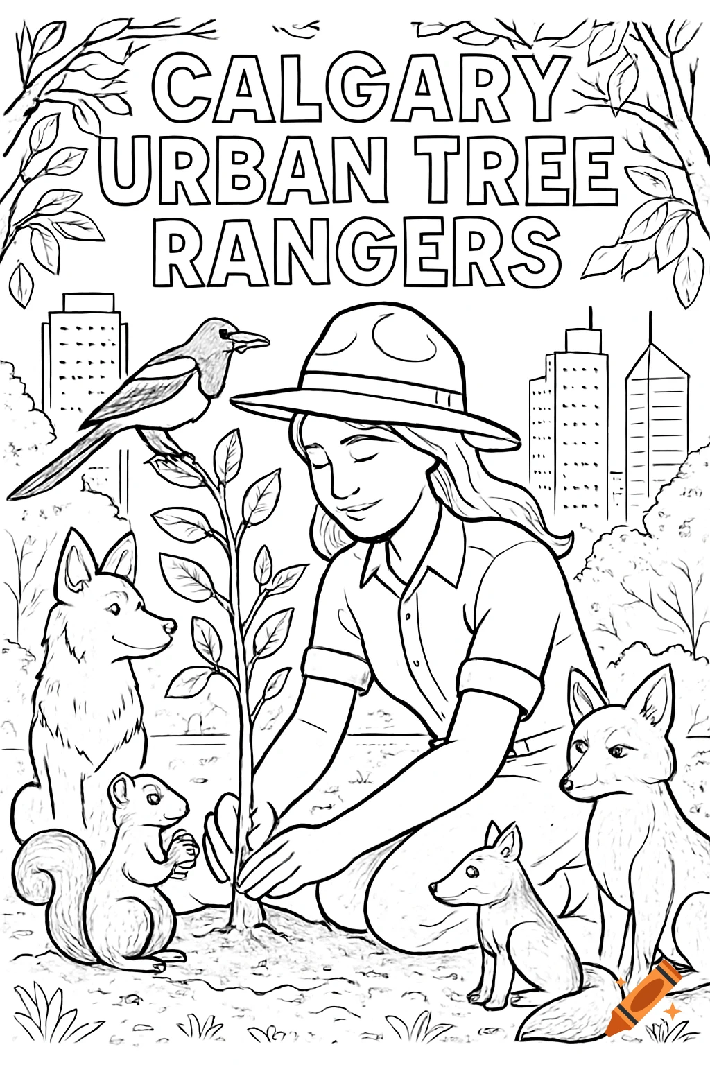 A black and white coloring page depicting a woman planting a tree, surrounded by a coyote, squirrel, magpie, and fox, with city buildings in the background. The text reads "CALGARY URBAN TREE RANGERS".