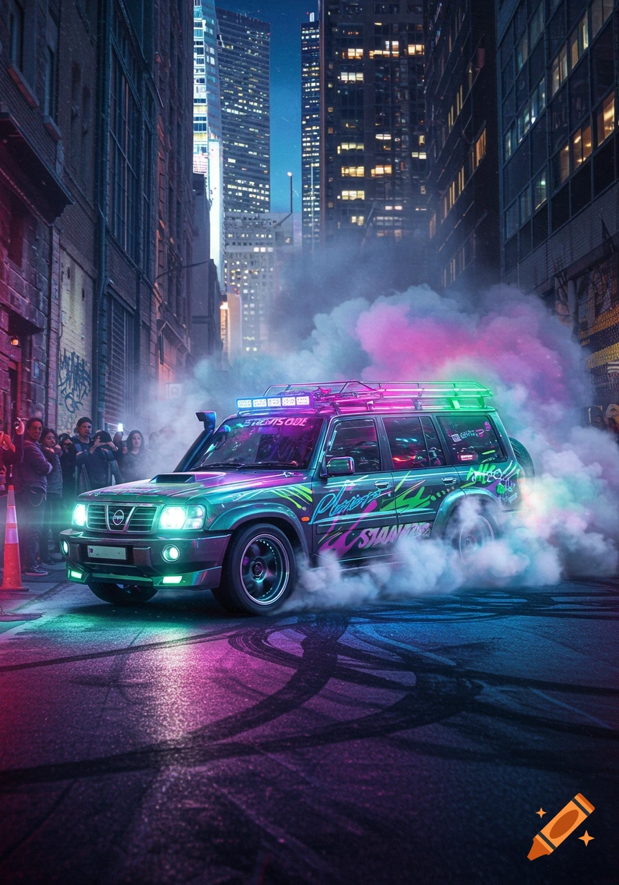 A custom, teal, neon-lit Nissan GQ Patrol SUV performs a burnout, generating pink, purple, and green smoke, on a city street at night, with a crowd watching.