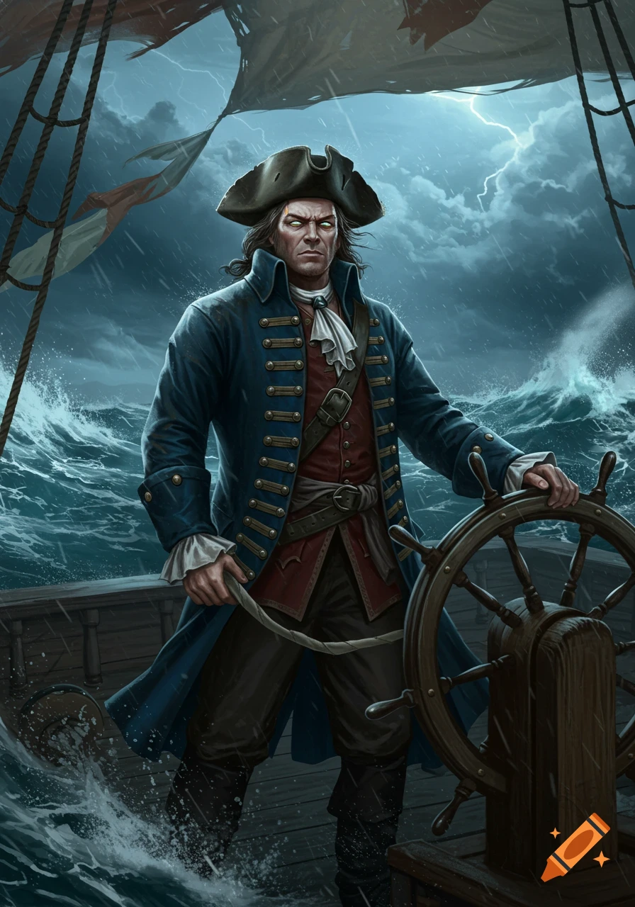 A grizzled pirate captain with glowing green eyes stands at the helm of his ship during a stormy sea with lightning.