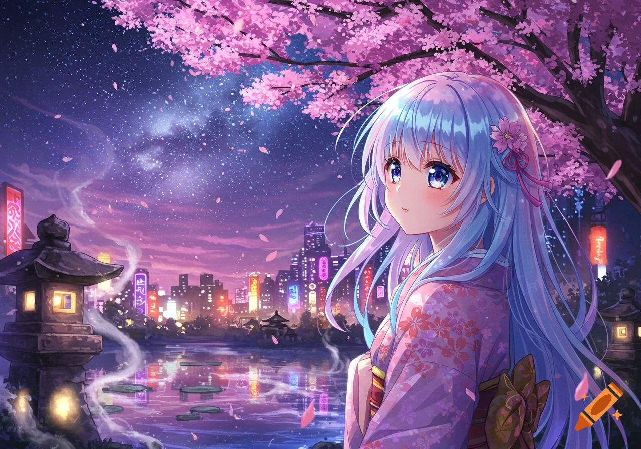 An anime girl with long light blue hair in a pink floral kimono stands under cherry blossoms with a starry sky, overlooking a city across a lake at dusk.