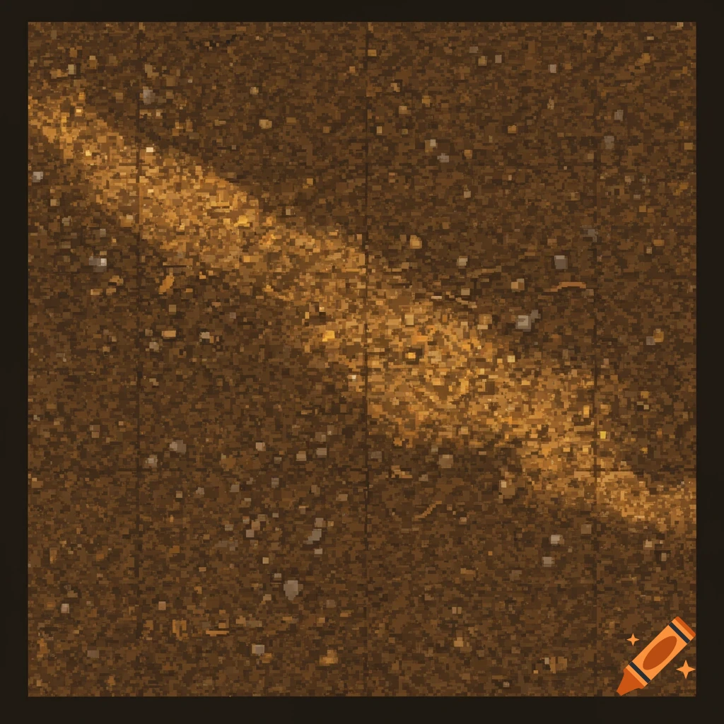 Pixel art texture of brown dirt with scattered small stones and a diagonal golden light streak.