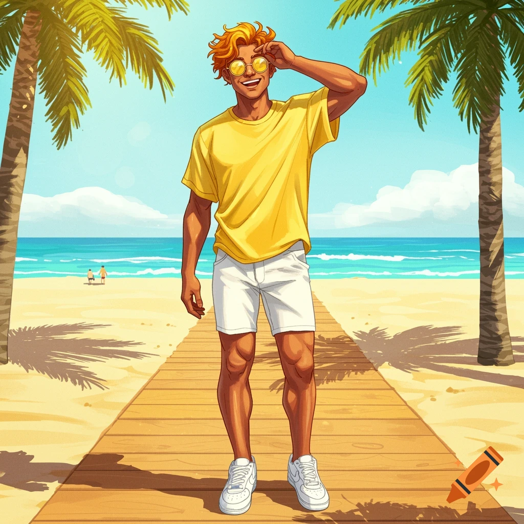 Illustrative image of a tanned man with orange hair, yellow t-shirt, white shorts, and sunglasses standing on a boardwalk on a sunny beach.