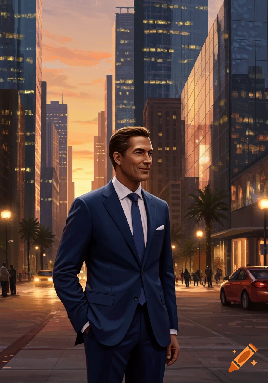 Photorealistic image of a man in a blue suit standing on a city street at sunset, with skyscrapers in the background.