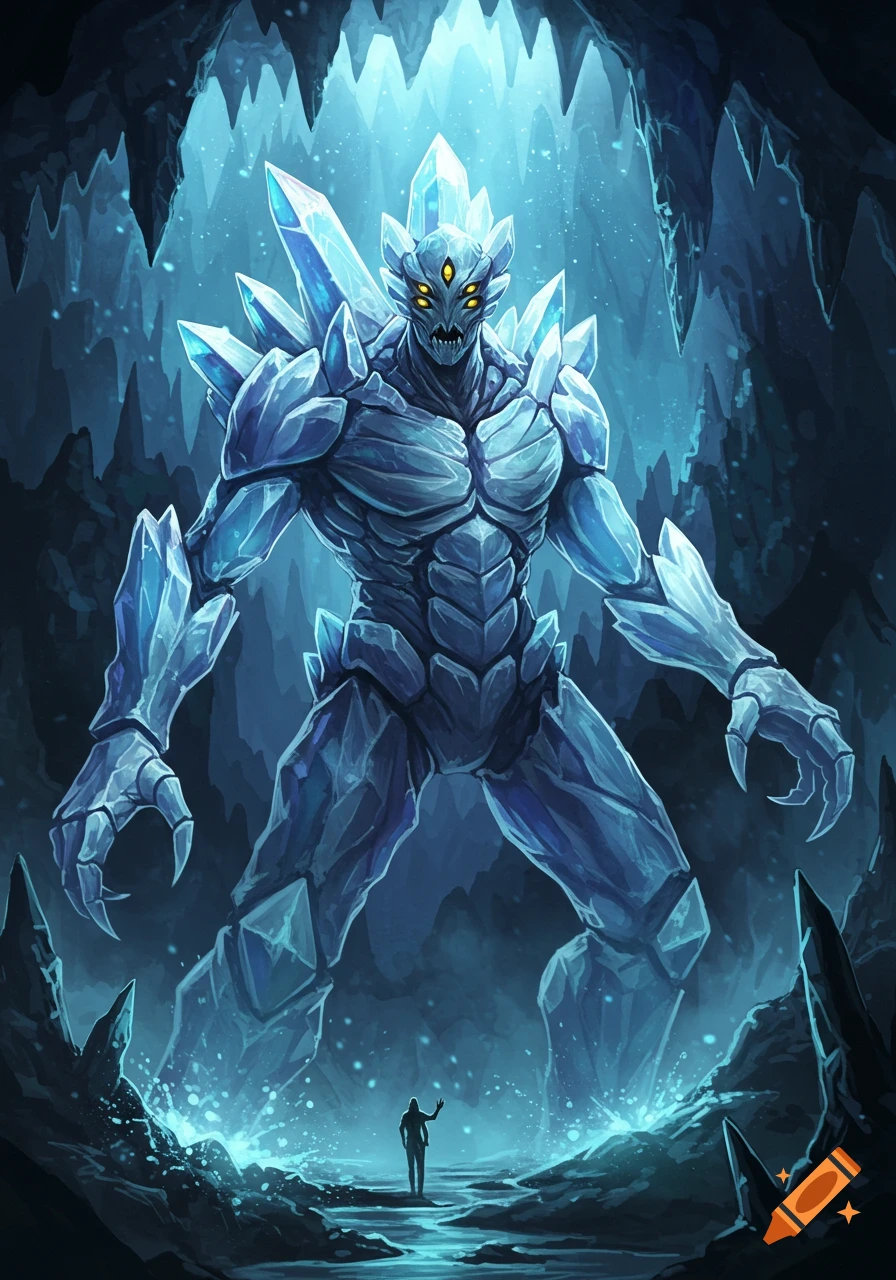 An immense, glowing crystalline humanoid monster with three yellow eyes stands in a dark, icy cave, towering over a small human. Fantasy art.