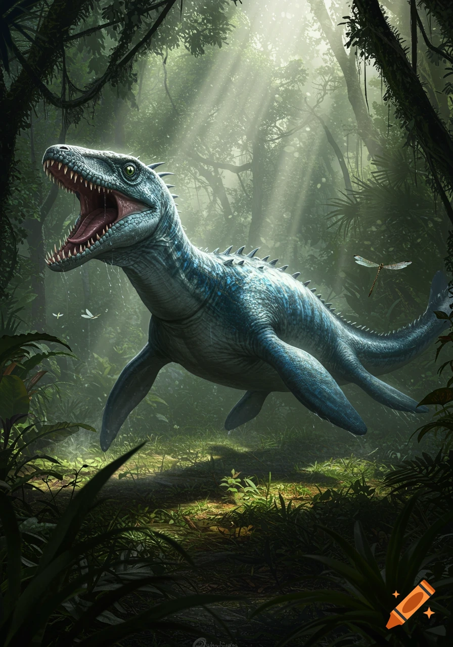 A photorealistic illustration of a blue-green dinosaur with an open mouth and sharp teeth in a lush, sun-dappled jungle.